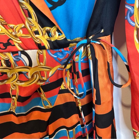 Zara Blogger Fav Chain Print Scarf Print Long Sleeve Midi Shirt Dress Orange - Picture 10 of 13